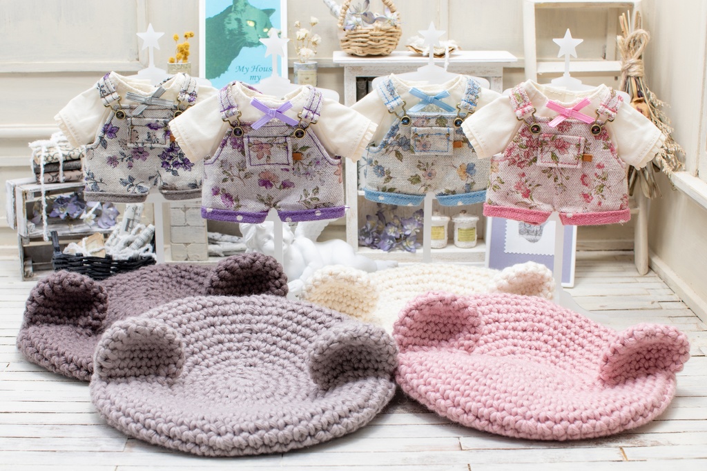 くま耳ベレー帽&花柄サロペットセット