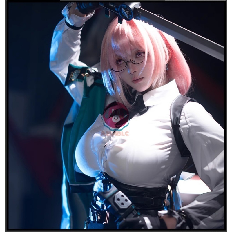 Azuiblc ゼンゼロ 月城柳 コスプレ衣装 イヤホン付き メガネ イヤリング 名札 コスチュームセット OL オフィスレディ cosplay