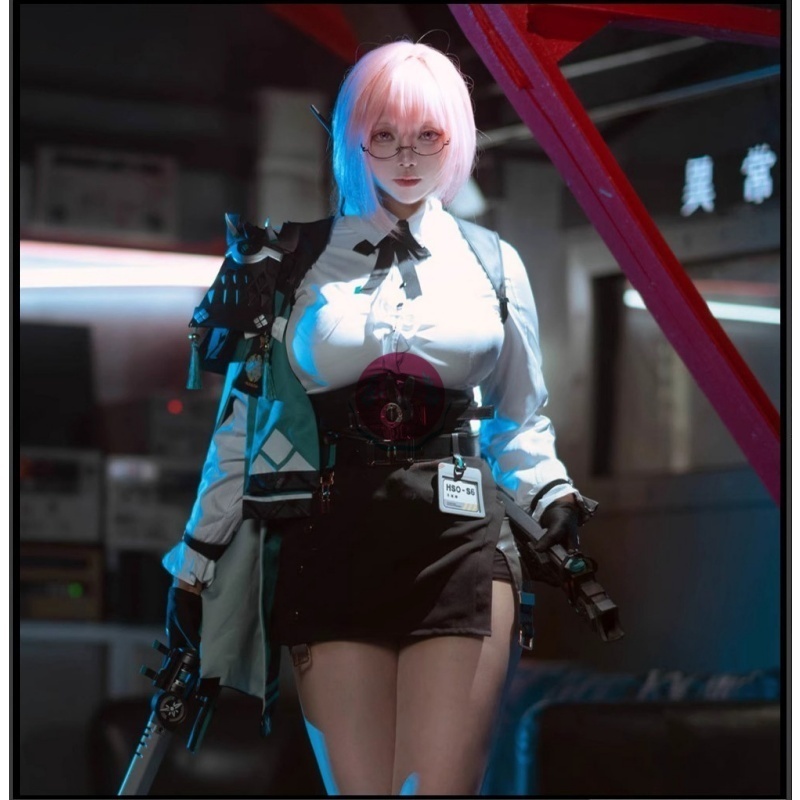 Azuiblc ゼンゼロ 月城柳 コスプレ衣装 イヤホン付き メガネ イヤリング 名札 コスチュームセット OL オフィスレディ cosplay