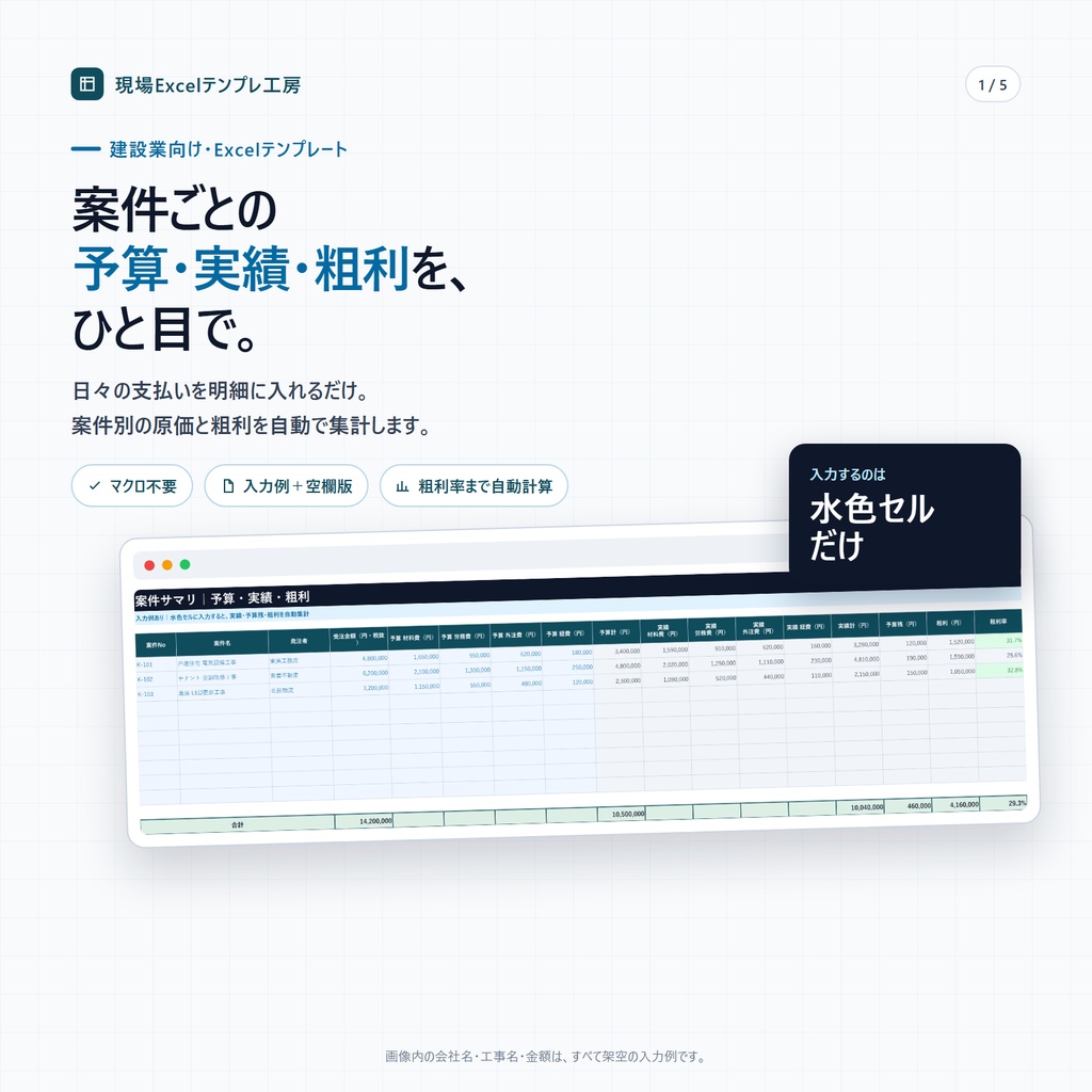 【建設業向け】原価管理表テンプレート(Excel)|案件別の予算・実績・粗利を自動集計