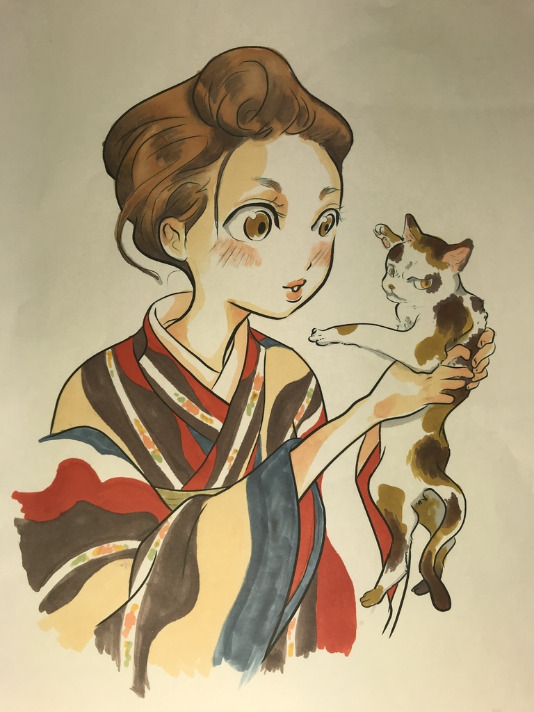 【猫と着物】直筆原画イラストA4