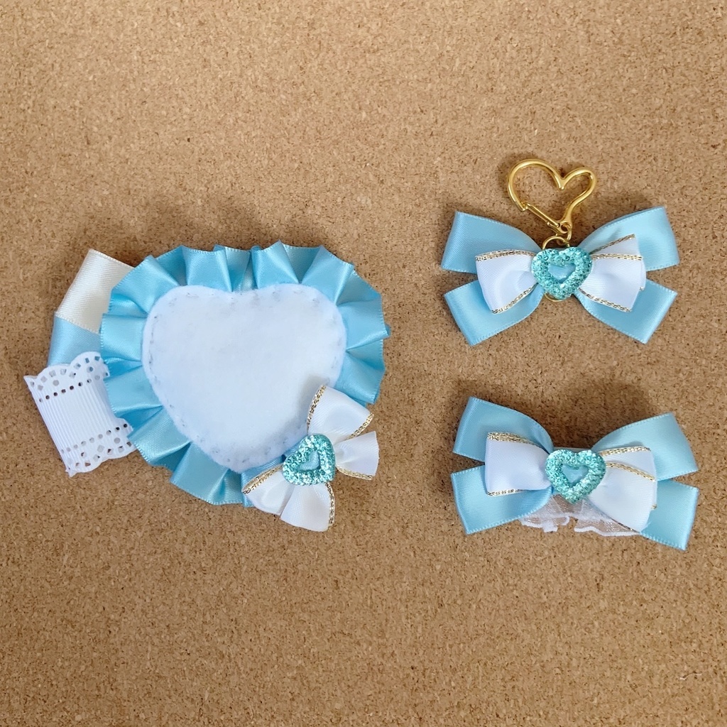 ハート缶バッジロゼット キンブレリボン バッグチャーム ブルーセット