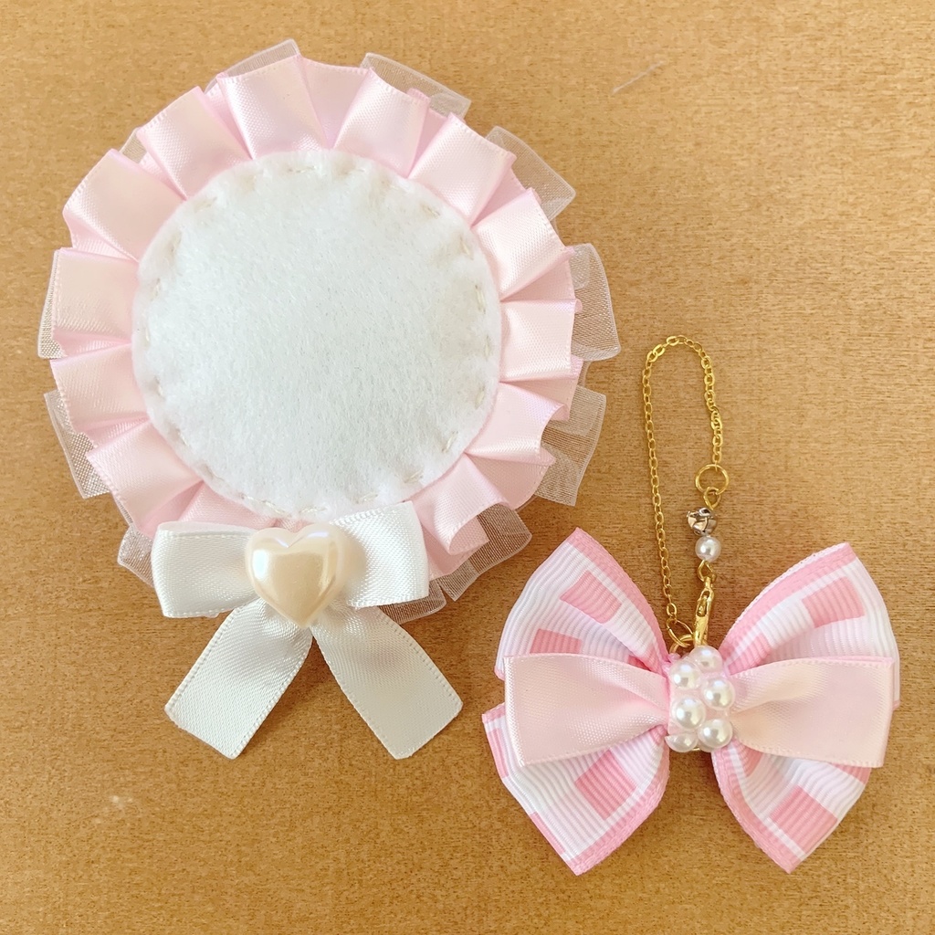 缶バッジロゼット バッグチャーム セット パステルピンクチェック ハート