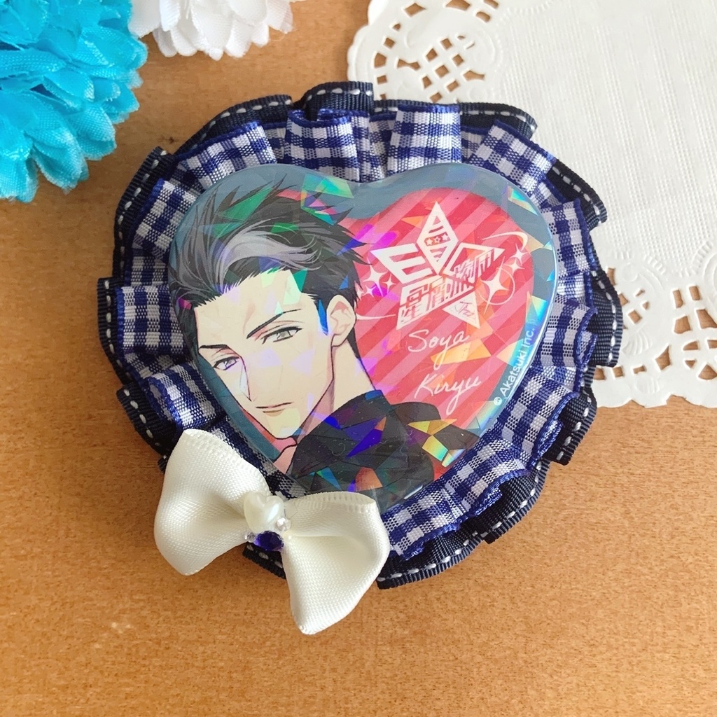 ハート缶バッジロゼット キンブレリボン ブルーチェックセット