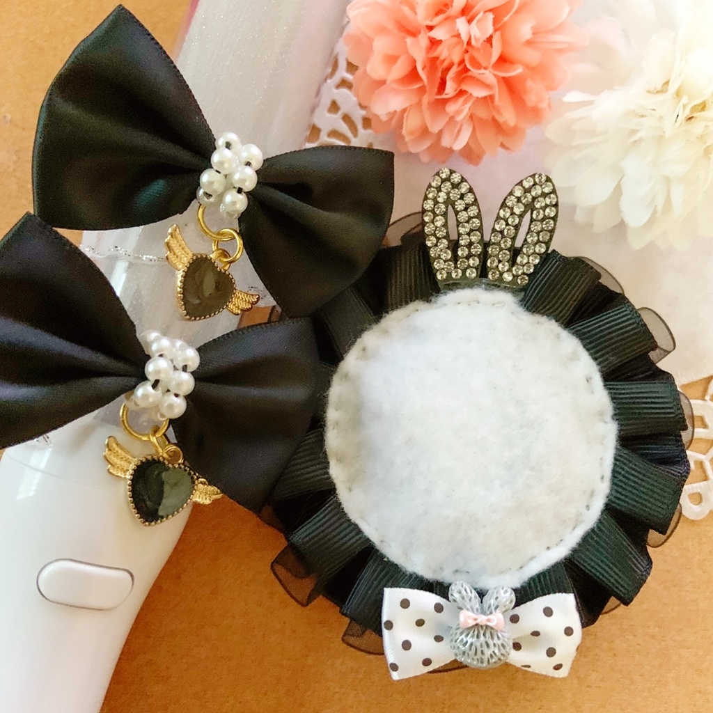 うさ耳缶バッジロゼット キンブレリボン ブラックパールセット