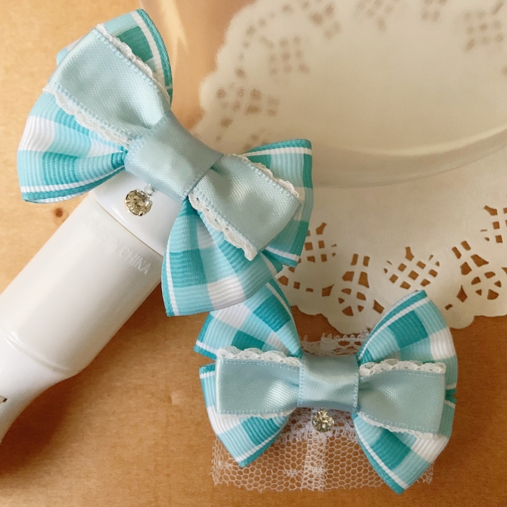 天使の羽 缶バッジロゼット キンブレリボン ブルーチェックセット