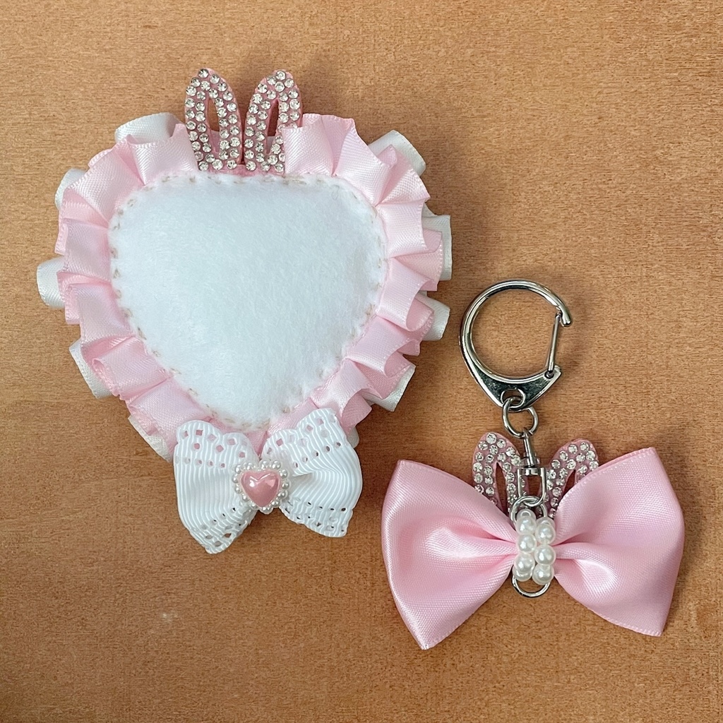 缶バッジロゼット バッグチャーム セット ピンク × レース ハート