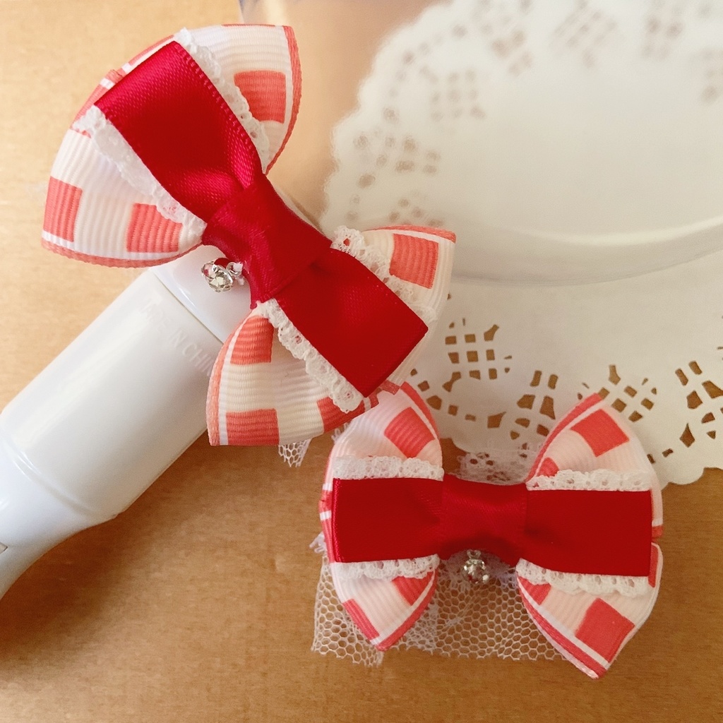 ハート缶バッジロゼット キンブレリボン レッドチェック 苺セット