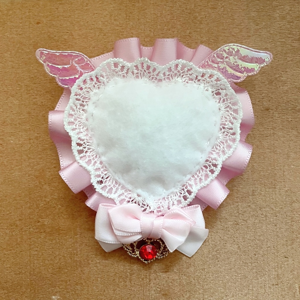 天使の羽 ハート缶バッジロゼット ビッグリボン ピンク