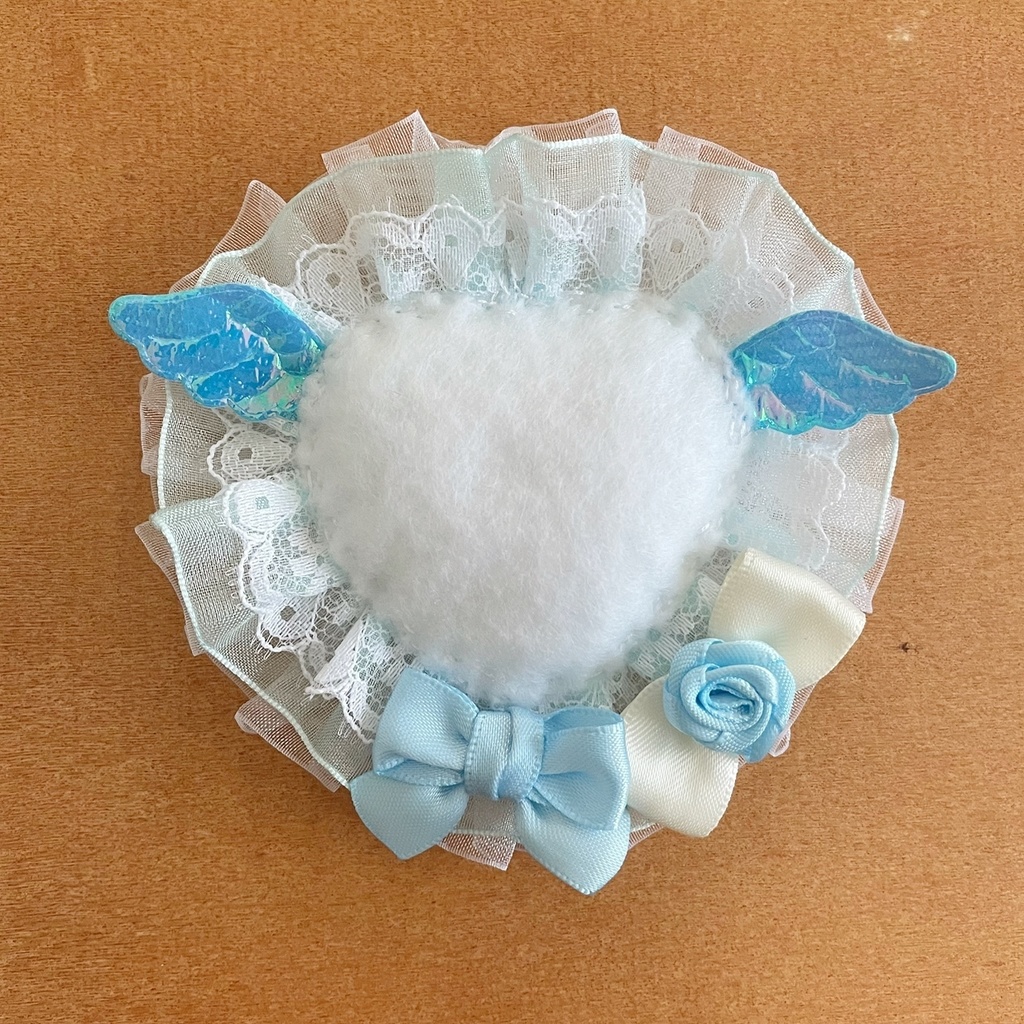 天使の羽 ハート缶バッジロゼット シフォンフリル ブルー