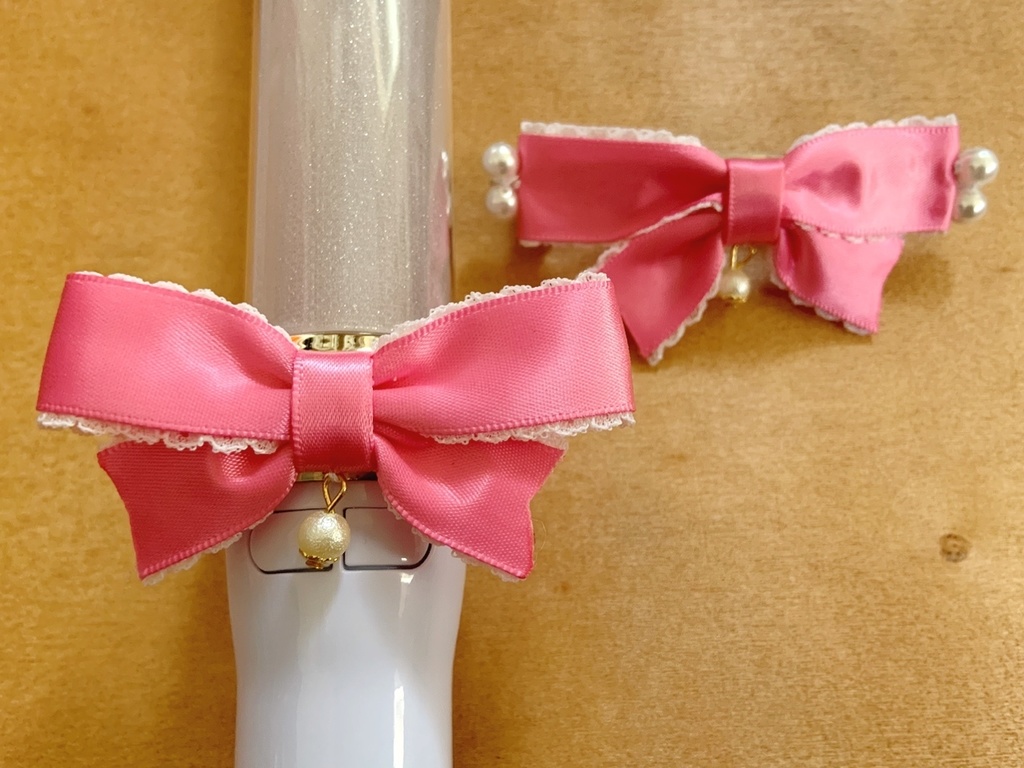 缶バッジロゼット キンブレリボン バレッタ セット 天使ピンク