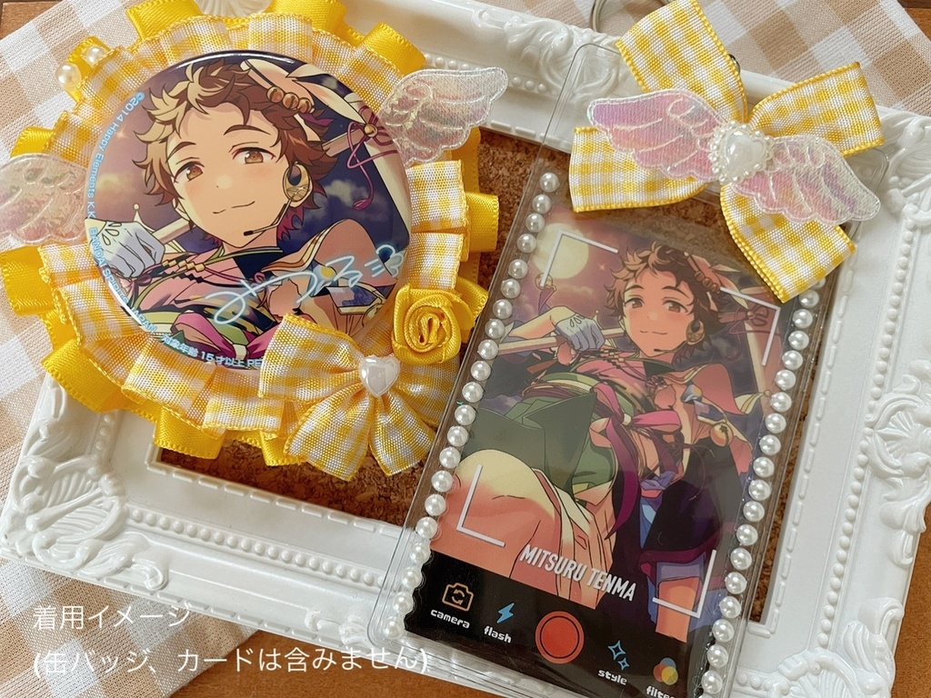 天使の羽根 缶バッジロゼット チェキ用キーホルダー パープルチェック