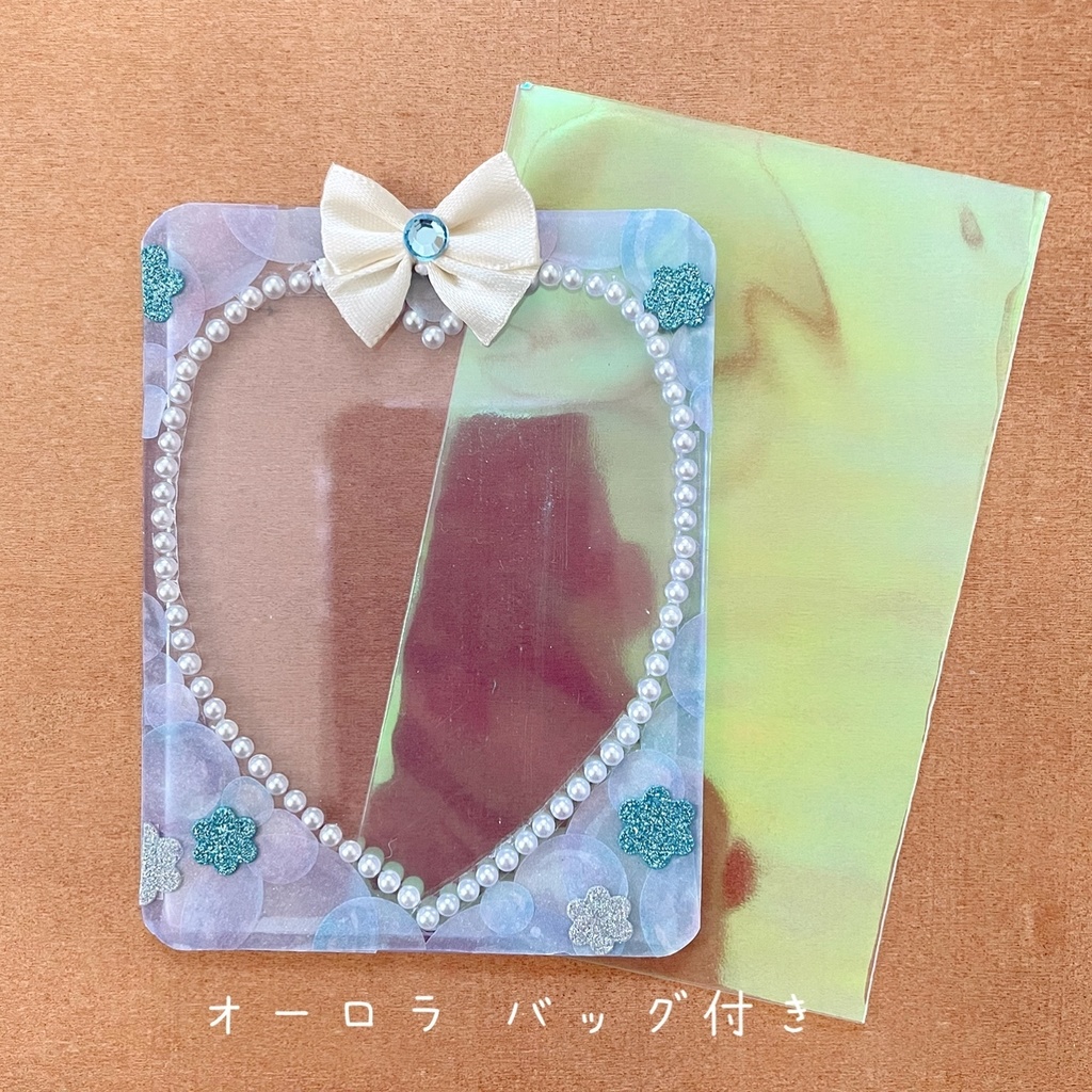 ハート型缶バッジロゼット カードケース ブルー ホワイト パール セット