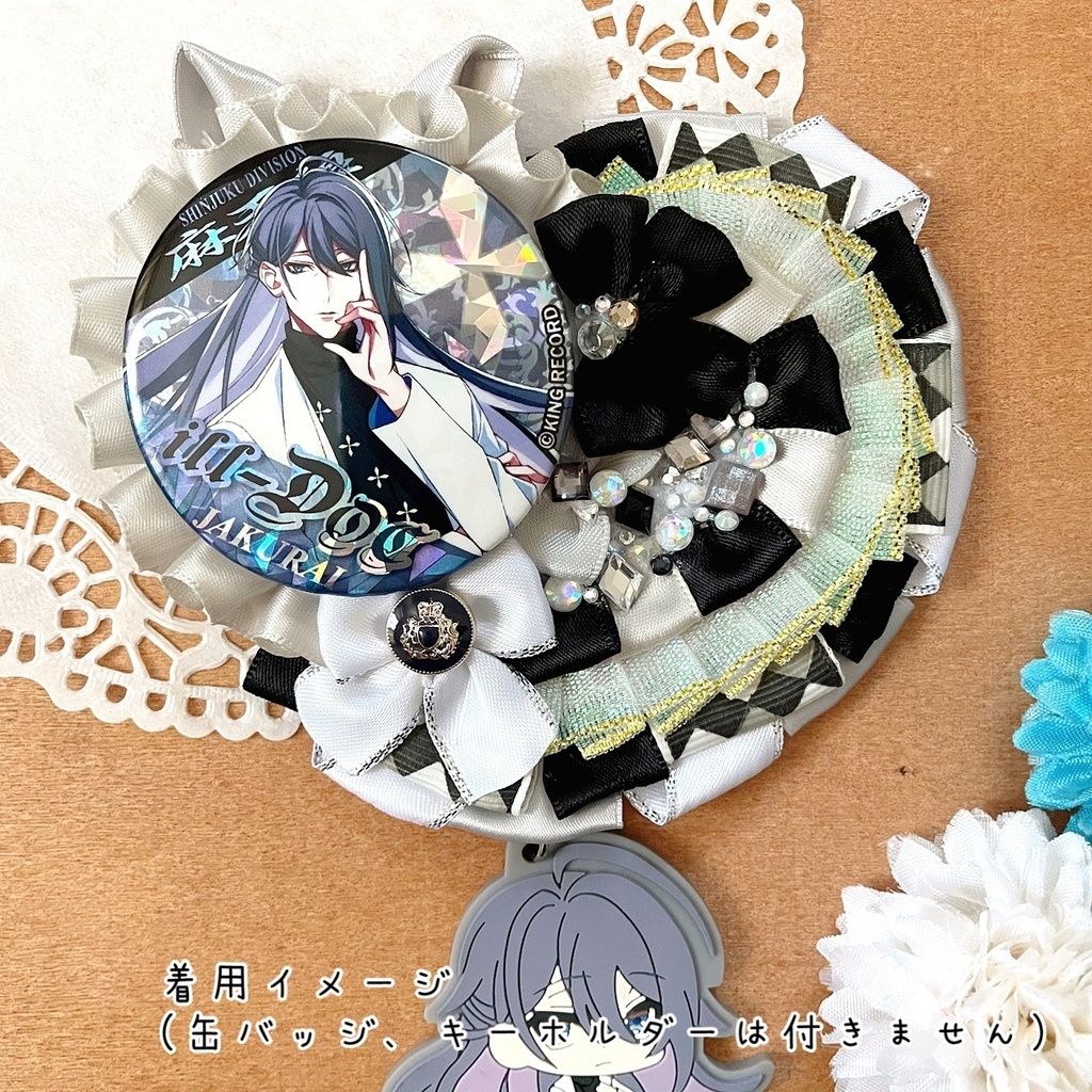 キーホルダーも付けられるハート型 缶バッジロゼット シルバーグレー ウルフ