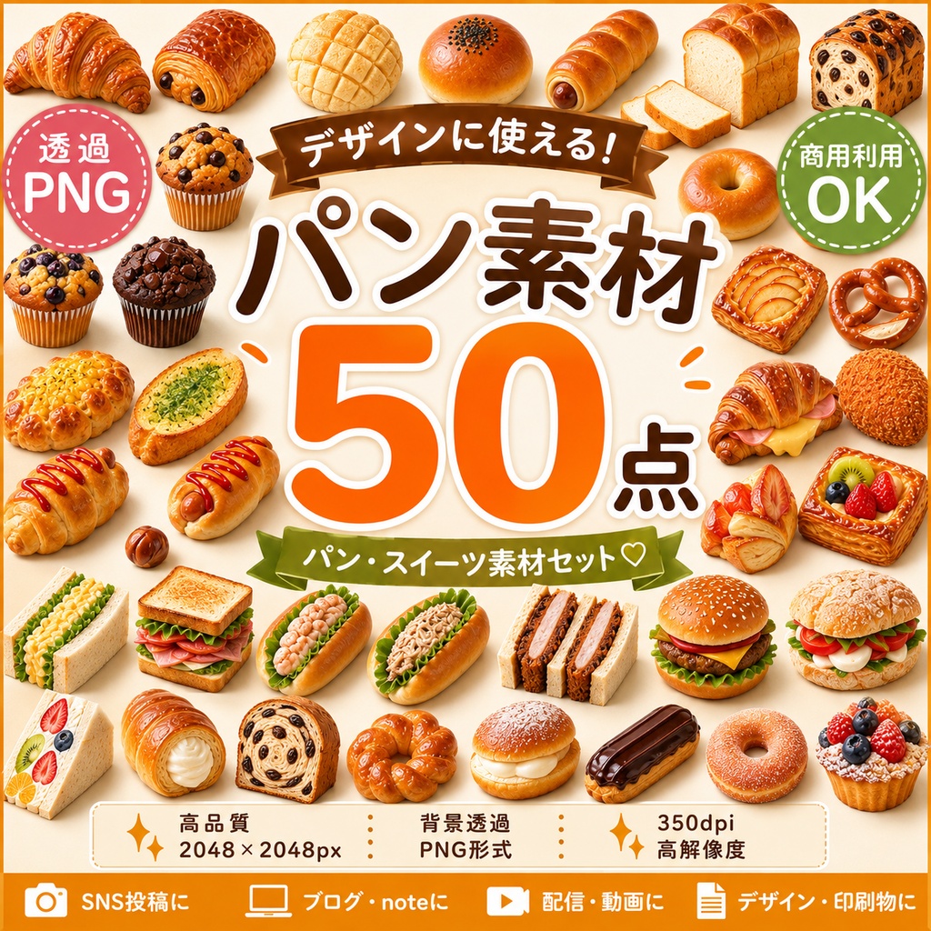 パン素材50点｜透過PNG｜パン・デザイン素材