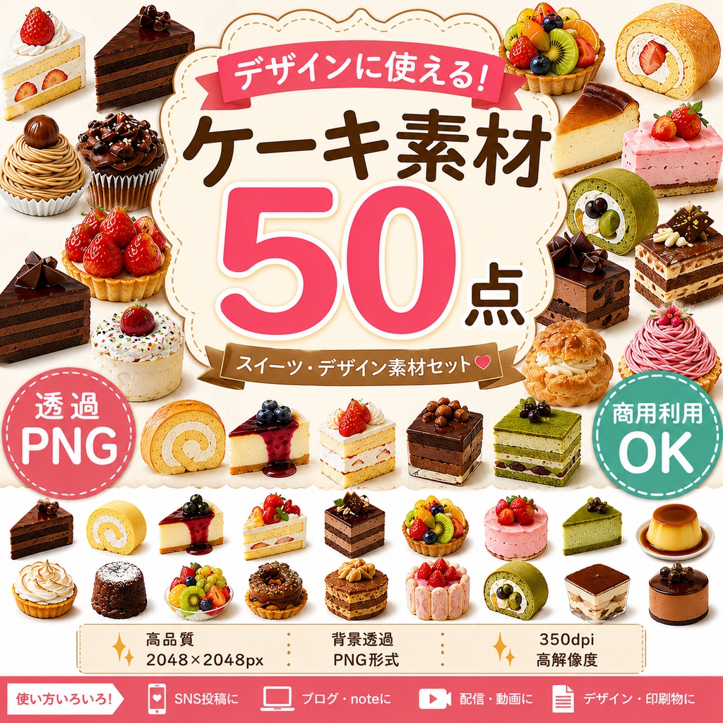 ケーキ素材50点　透過PNG・2048×2048px　商用利用OK