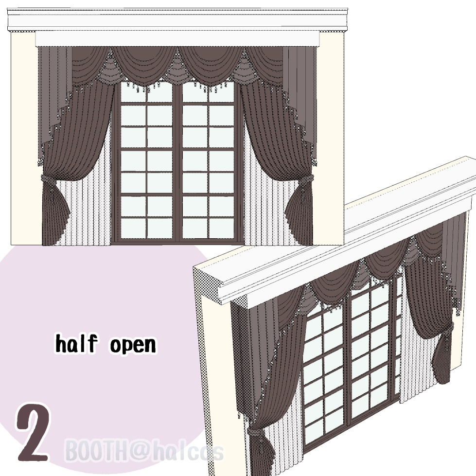 【3D】小道具/豪華なカーテン/閉/開/半開(2種)