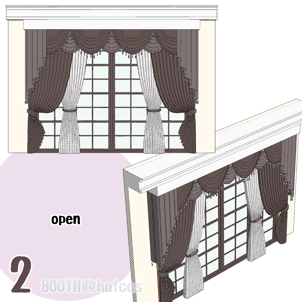 【3D】小道具/豪華なカーテン/閉/開/半開(2種)