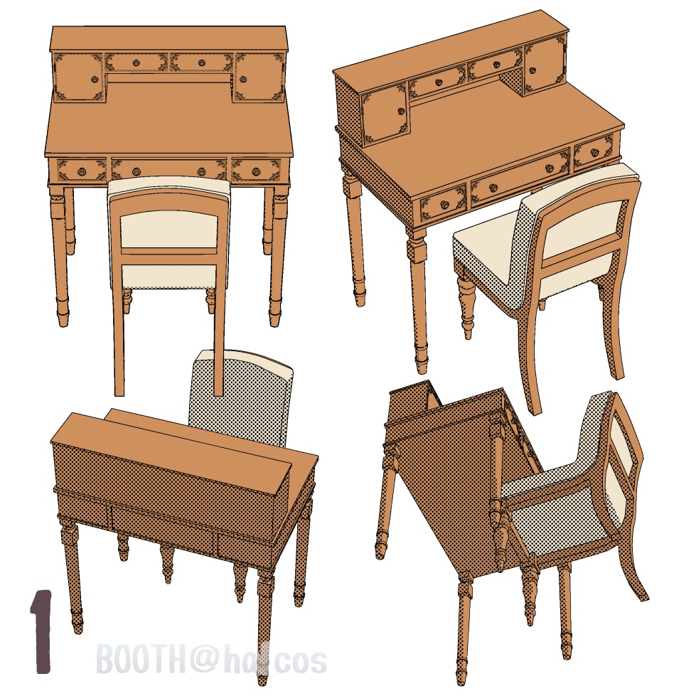 【3D】家具/デスクセット/アンティーク(2種+OPTION)
