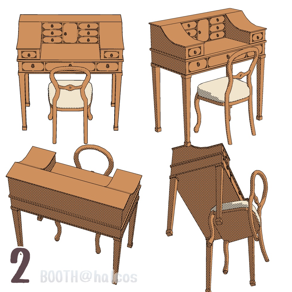 【3D】家具/デスクセット/アンティーク(2種+OPTION)