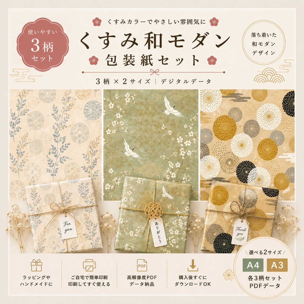 くすみ和モダン包装紙セット｜3柄・A4/A3 PDFデータ