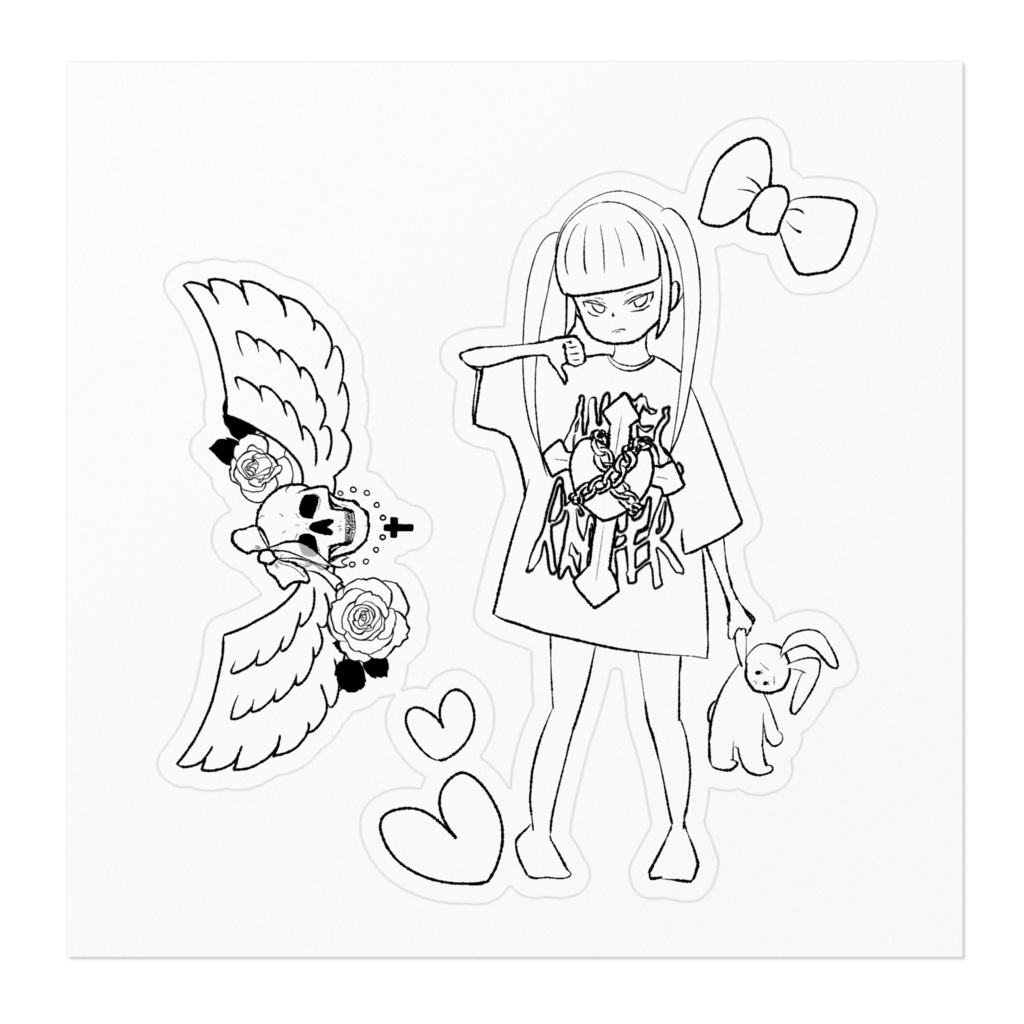ツインテ女の子と天使髑髏ステッカー
