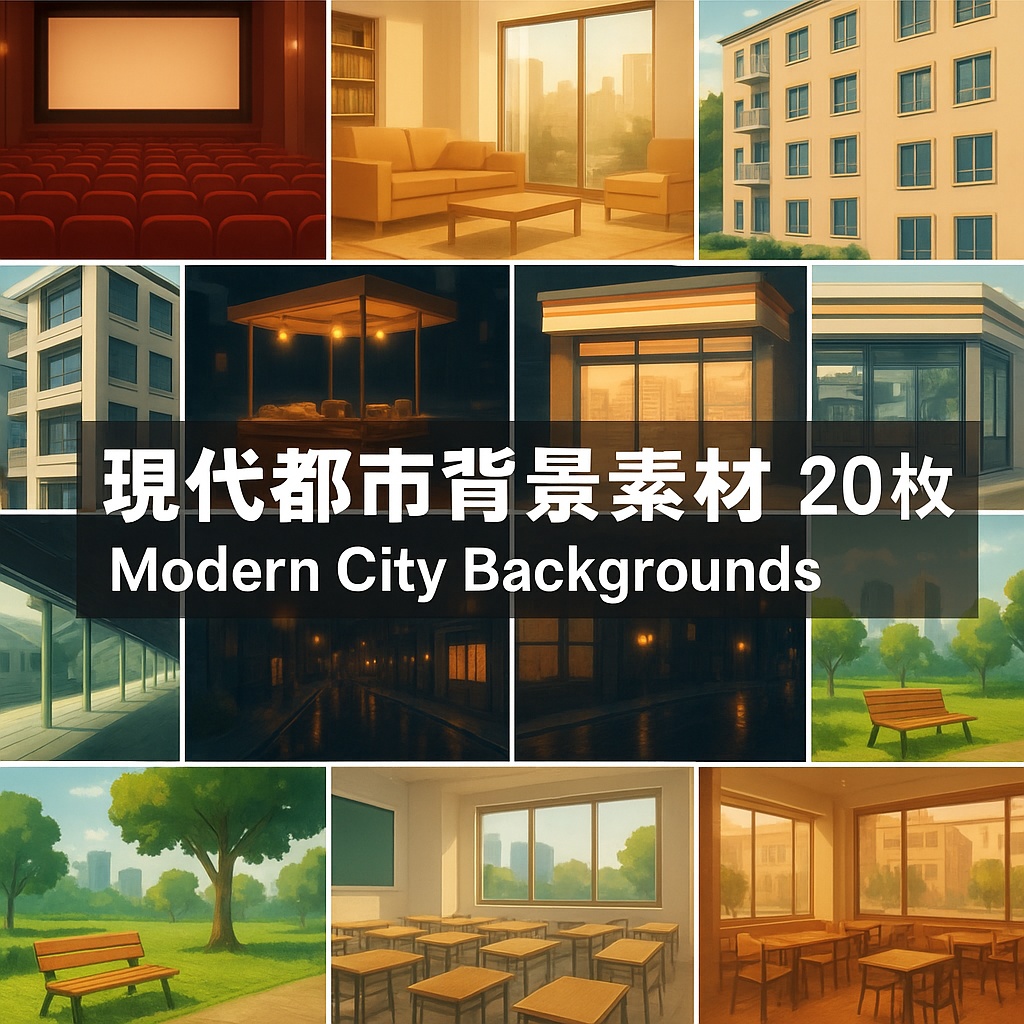 現代都市背景素材パック|高解像度イラスト20枚|商用利用可