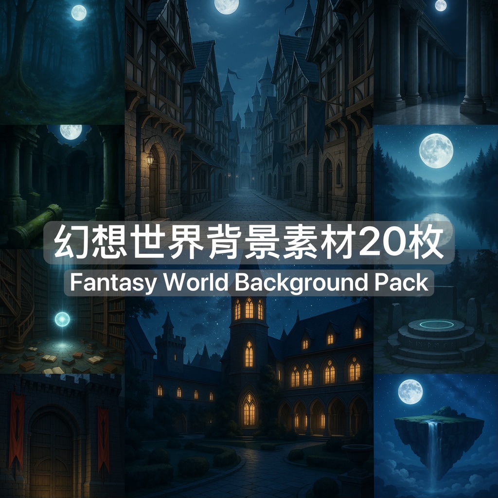 《幻想夜景背景素材パック|高解像度イラスト20枚|商用利用可》Fantasy Night Background Pack|20 High-Resolution Illustrations|Commercial Use OK