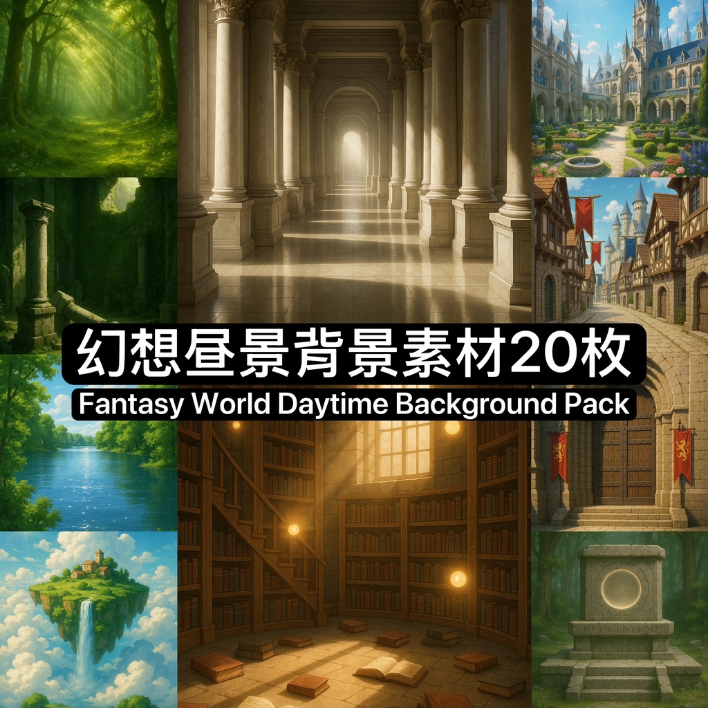 《幻想昼景背景素材パック｜高解像度イラスト20枚｜商用利用可》 Fantasy World Daytime Background Pack｜20 High-Resolution Illustrations｜Commercial Use OK