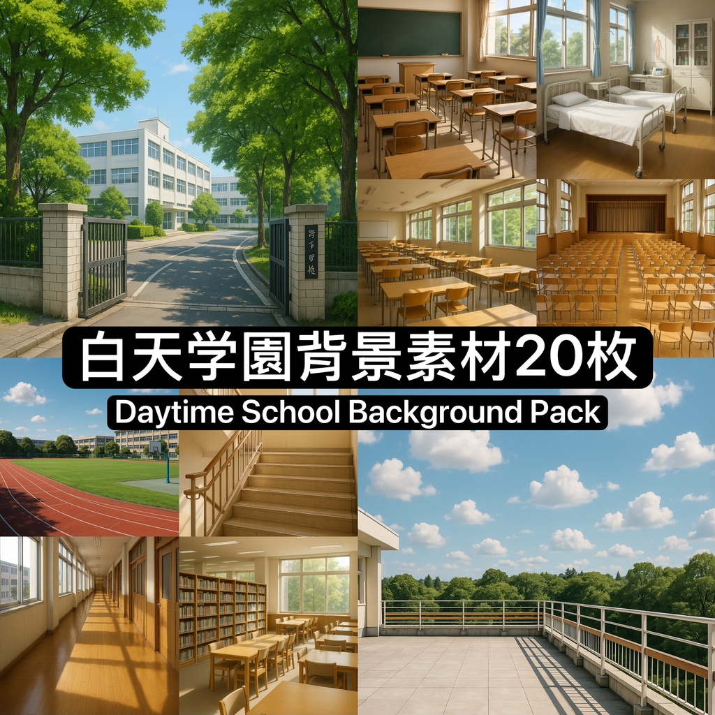 《白天学園背景素材パック｜高解像度イラスト20枚｜商用利用可 》Daytime School Background Pack｜20 High-Resolution Illustrations｜Commercial Use OK