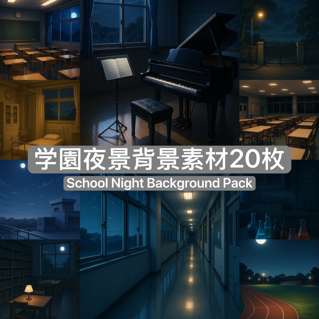 《学園夜景背景素材パック|高解像度イラスト20枚|商用利用可》School Night Background Pack|20 High-Resolution Illustrations|Commercial Use OK