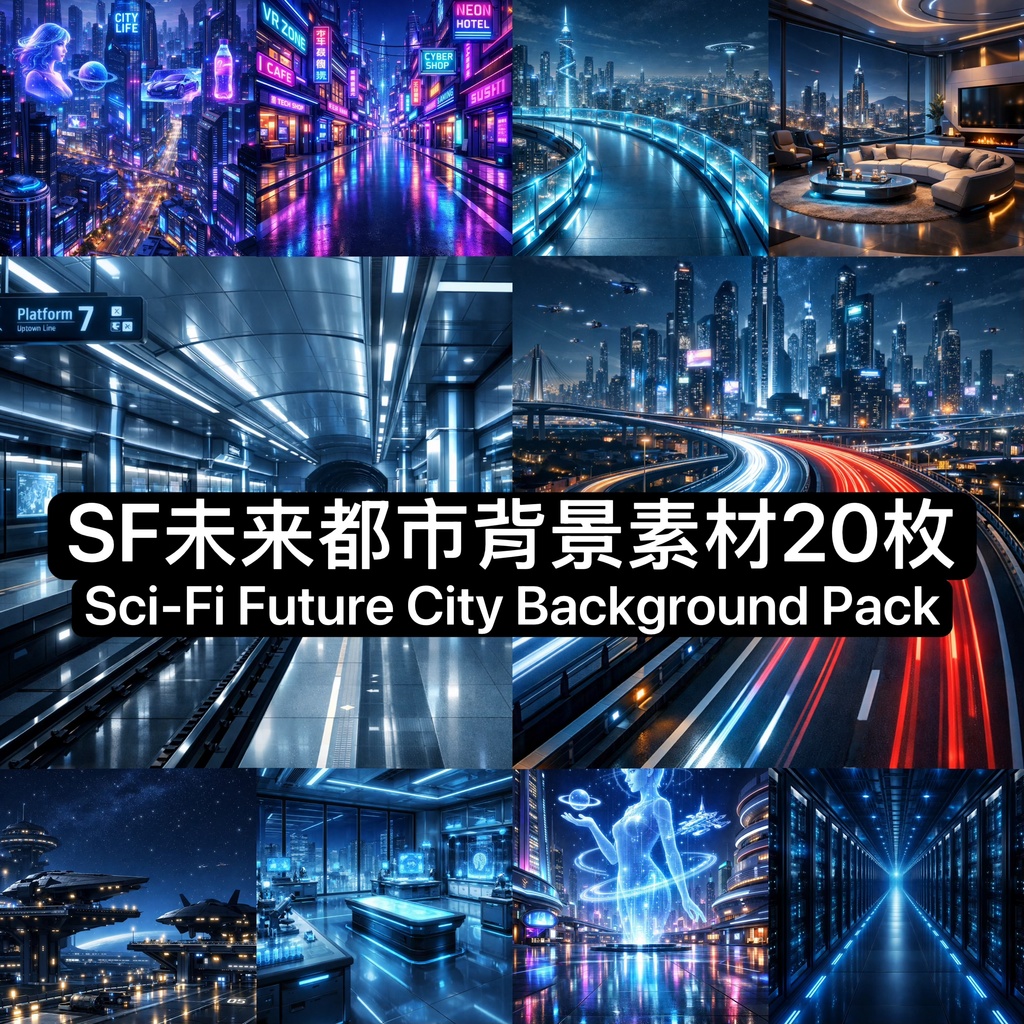 《SF未来都市背景素材パック｜高解像度イラスト20枚｜商用利用可》 Sci-Fi Future City Background Pack｜20 High-Resolution Illustrations｜Commercial Use OK