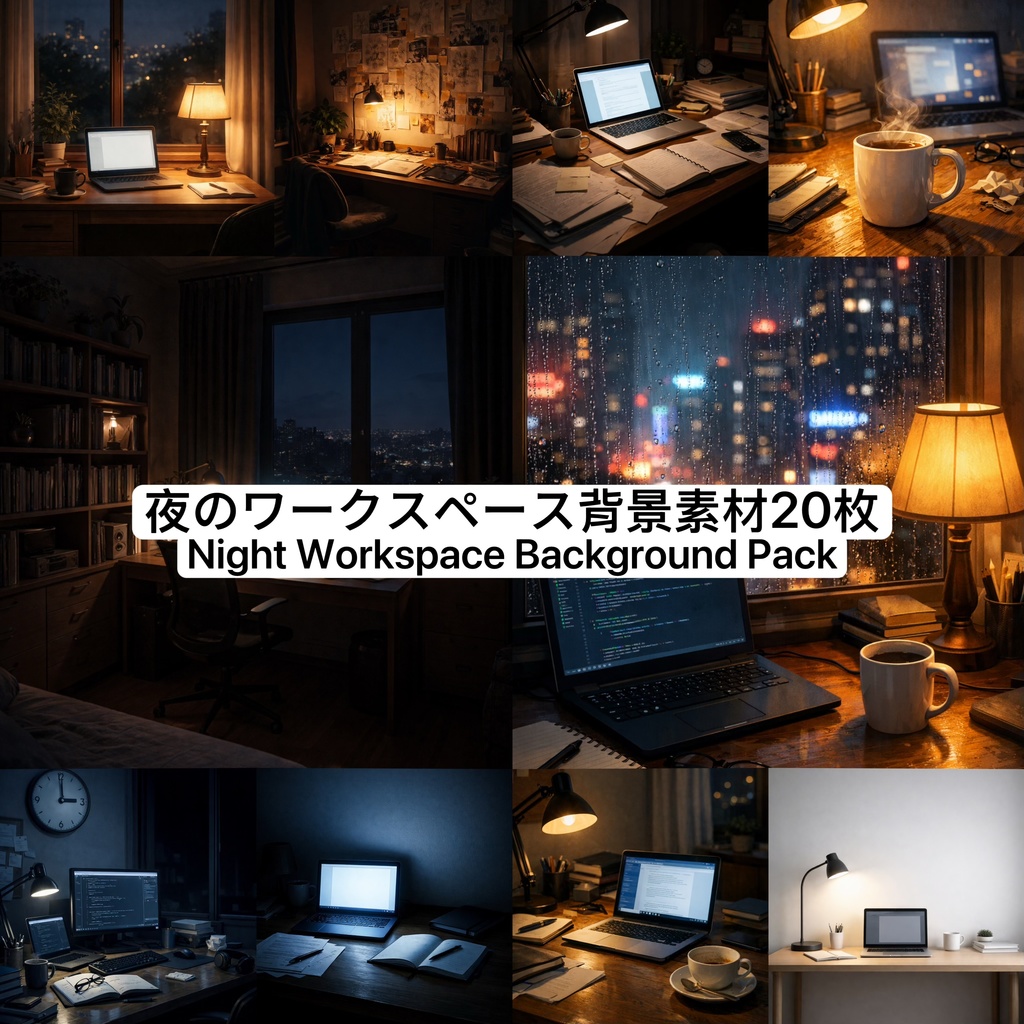 《夜のワークスペース背景素材パック｜高解像度イラスト20枚｜商用利用可》 Night Workspace Background Pack｜20 High-Resolution Illustrations｜Commercial Use OK