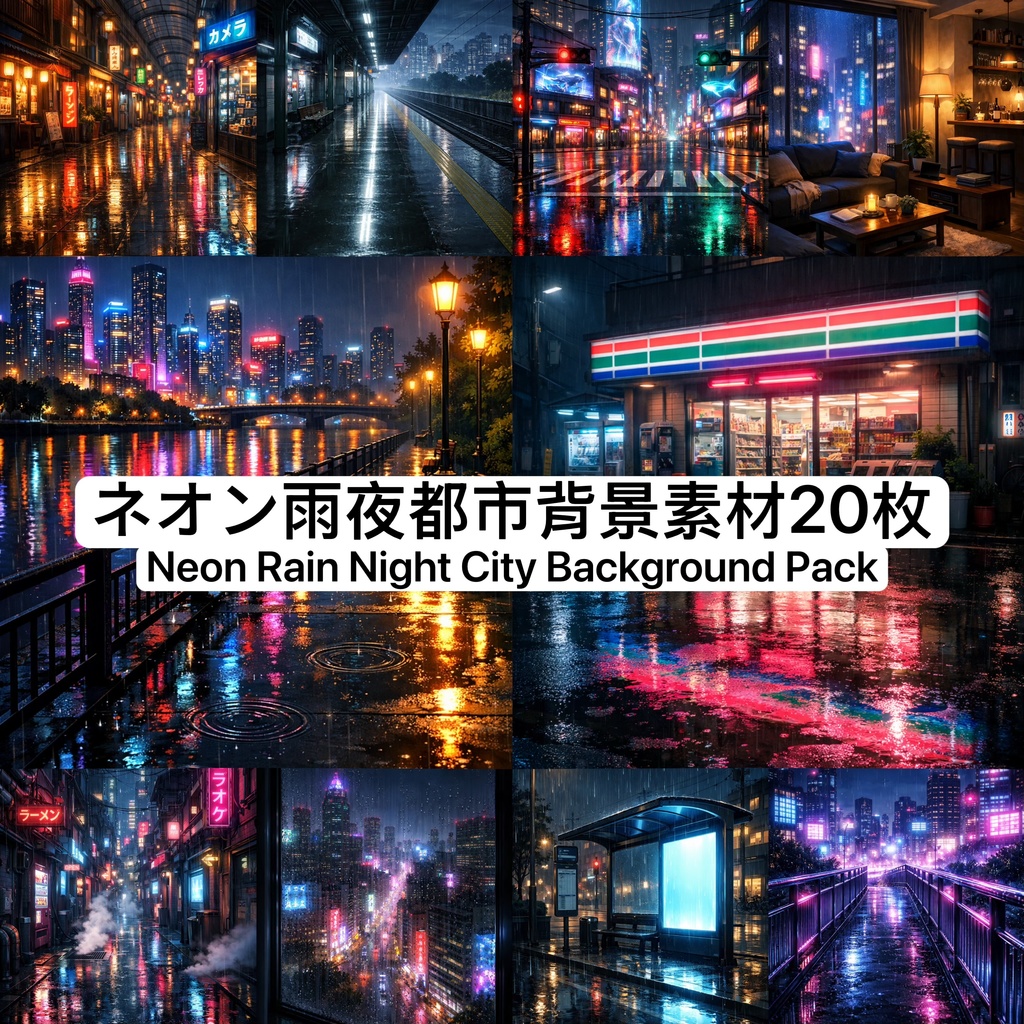 《ネオン雨夜都市背景素材パック|高解像度イラスト20枚|商用利用可》 Neon Rain Night City Background Pack|20 High-Resolution Illustrations|Commercial Use OK