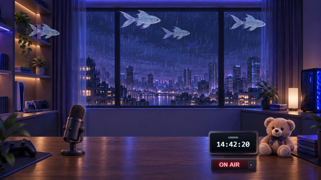 幻想の夜景ルーム|泳ぐ魚・雨・世界時計・ON AIR付き配信背景