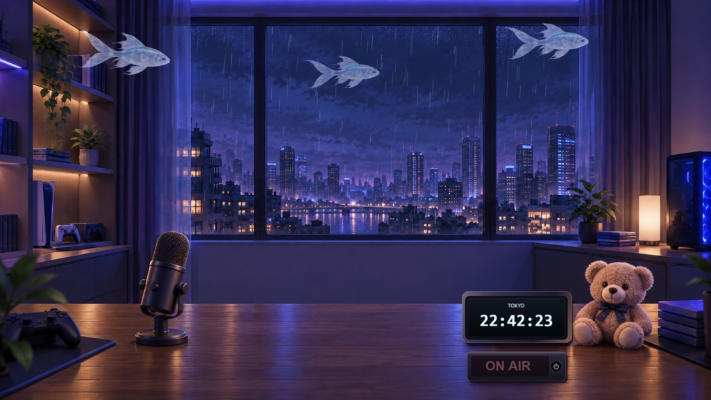 幻想の夜景ルーム｜泳ぐ魚・雨・世界時計・ON AIR付き配信背景