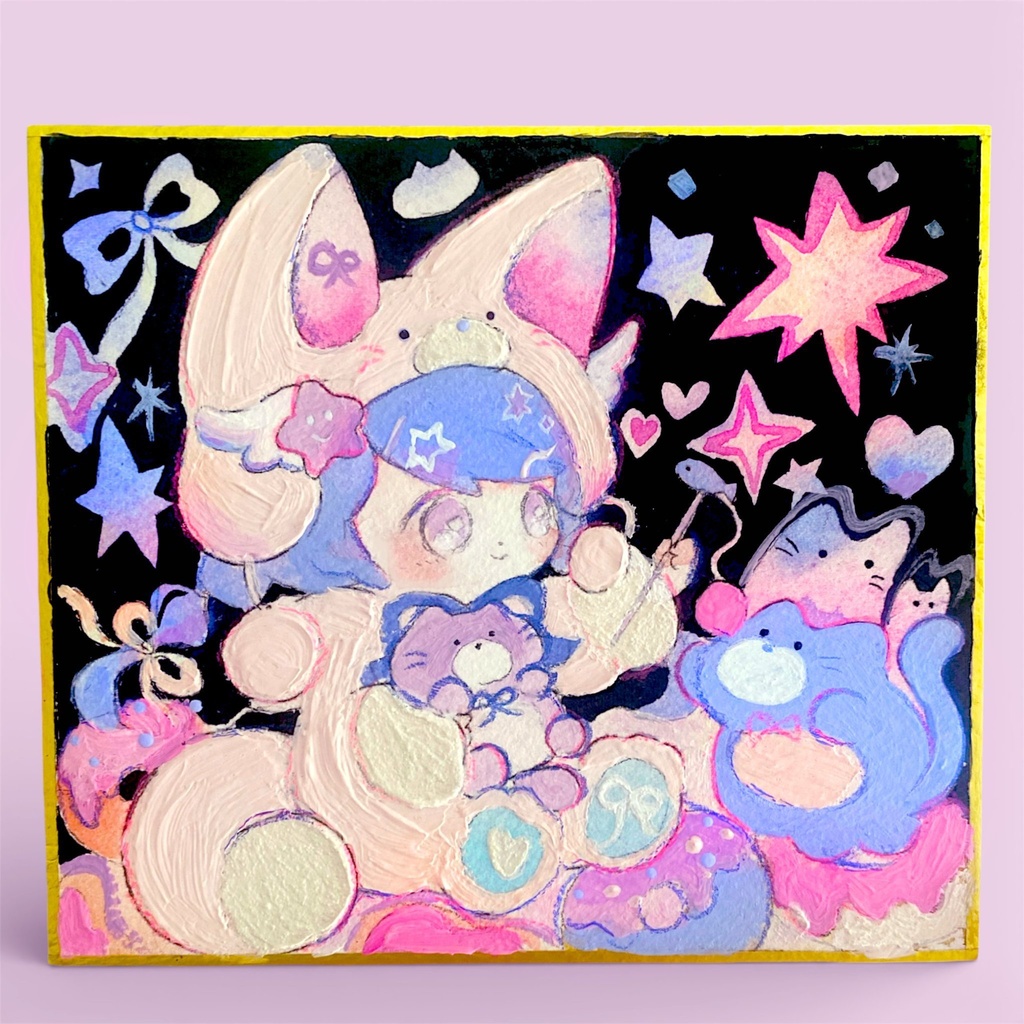 色紙原画 猫アート１　わたあめ