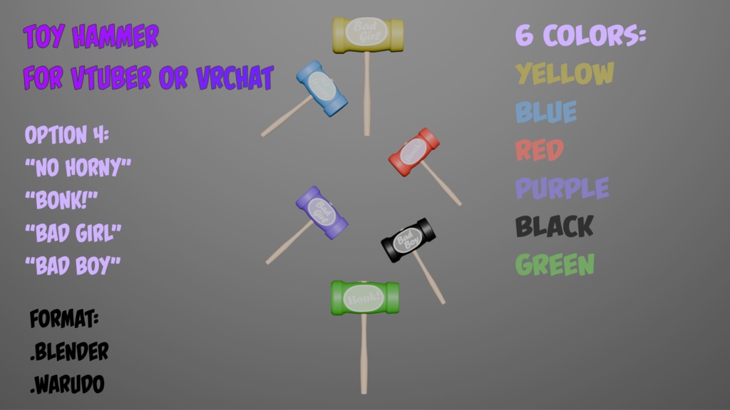 Toy Hammer for VRChat and Vtuber. [4 option + 6 colors]
