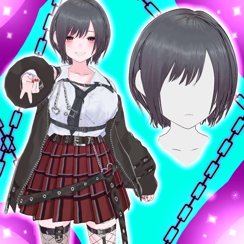 3/4衣装修正［髪型 衣装  vroidファイル］パンク風制服+ショートヘア