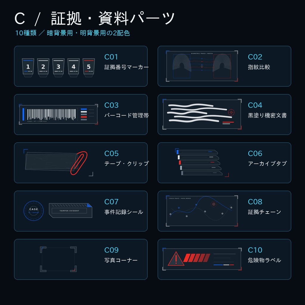 【無料】ココフォリア用 CASE FILE|捜査・監視・証拠分析UI素材100点+背景10枚