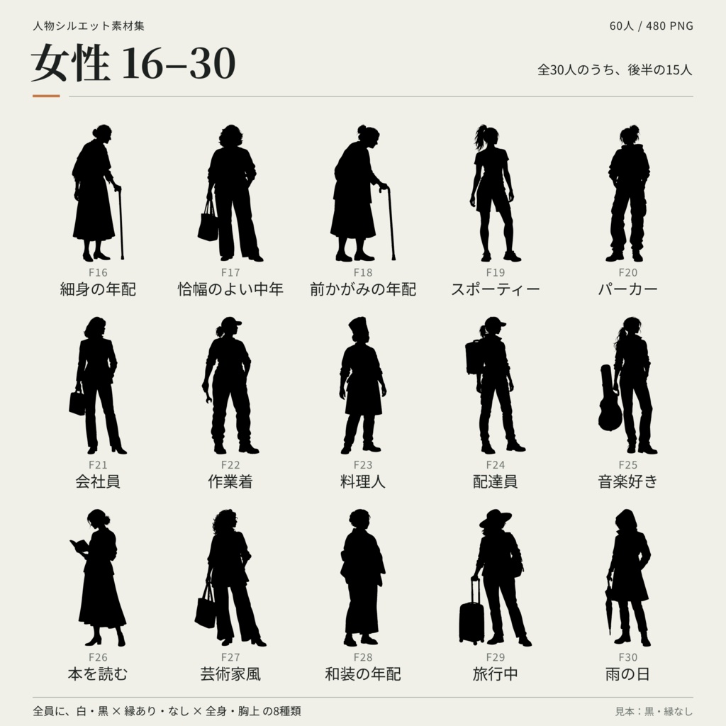【無料・男女60人】人物シルエット素材集2|白黒・縁あり&なし・全身&胸上|透過PNG480点