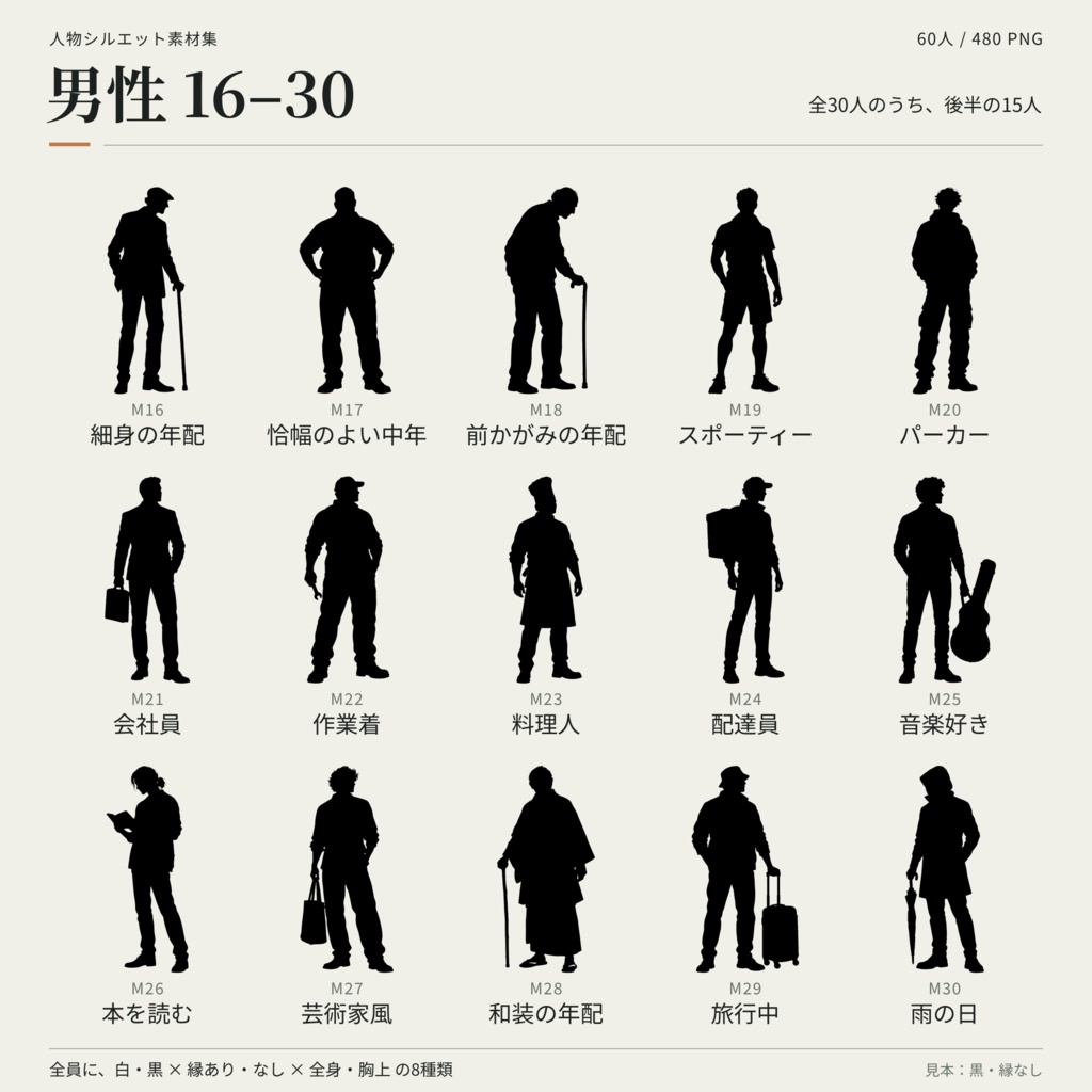 【無料・男女60人】人物シルエット素材集2|白黒・縁あり&なし・全身&胸上|透過PNG480点
