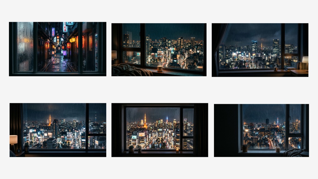 【睡眠動画背景素材】Night City Window Sleep Background Pack(30枚 / 1920×1080 / 商用利用OK / ASMR / 作業用BGM)