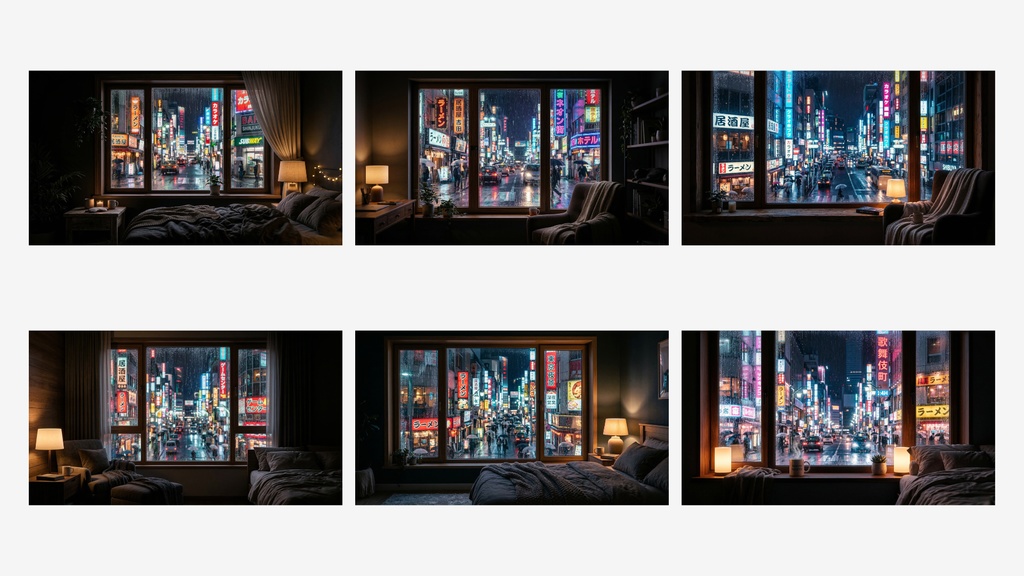 【睡眠動画背景素材】Night City Window Sleep Background Pack(30枚 / 1920×1080 / 商用利用OK / ASMR / 作業用BGM)