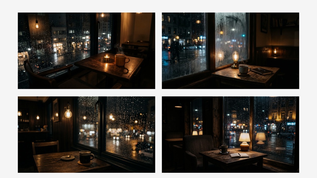 雨のカフェの夜 背景素材ミニパック(10枚 / 1920×1080)