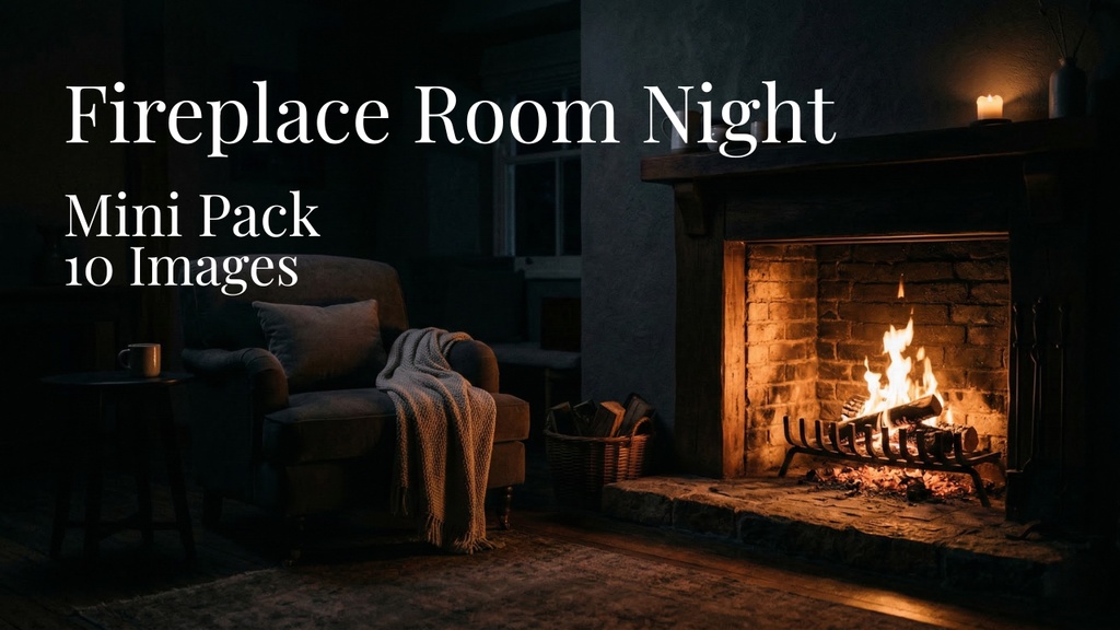 暖炉のある部屋の夜 背景素材ミニパック（10枚 / 1920×1080）