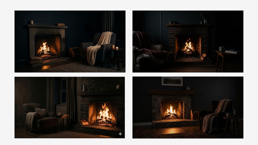 暖炉のある部屋の夜 背景素材ミニパック(10枚 / 1920×1080)