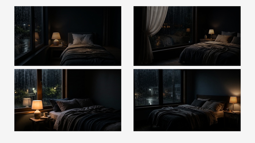 雨の寝室の夜 背景素材ミニパック(10枚 / 1920×1080)