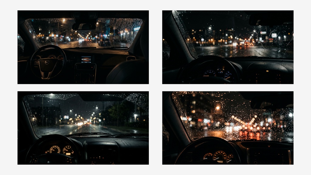 雨の車内の夜 背景素材ミニパック(10枚 / 1920×1080)