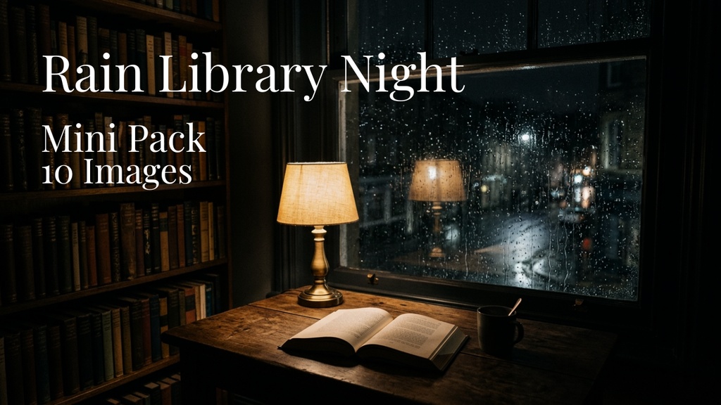 雨の図書館の夜 背景素材ミニパック（10枚 / 1920×1080）